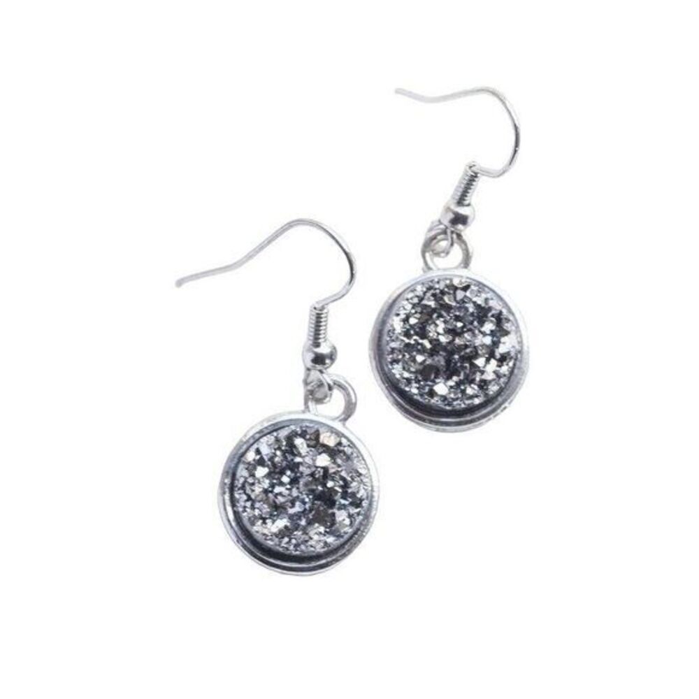 Earrings Womens Celestial Indie Grunge Edgy Faux Druzy Dangle Silver Glitter NEW